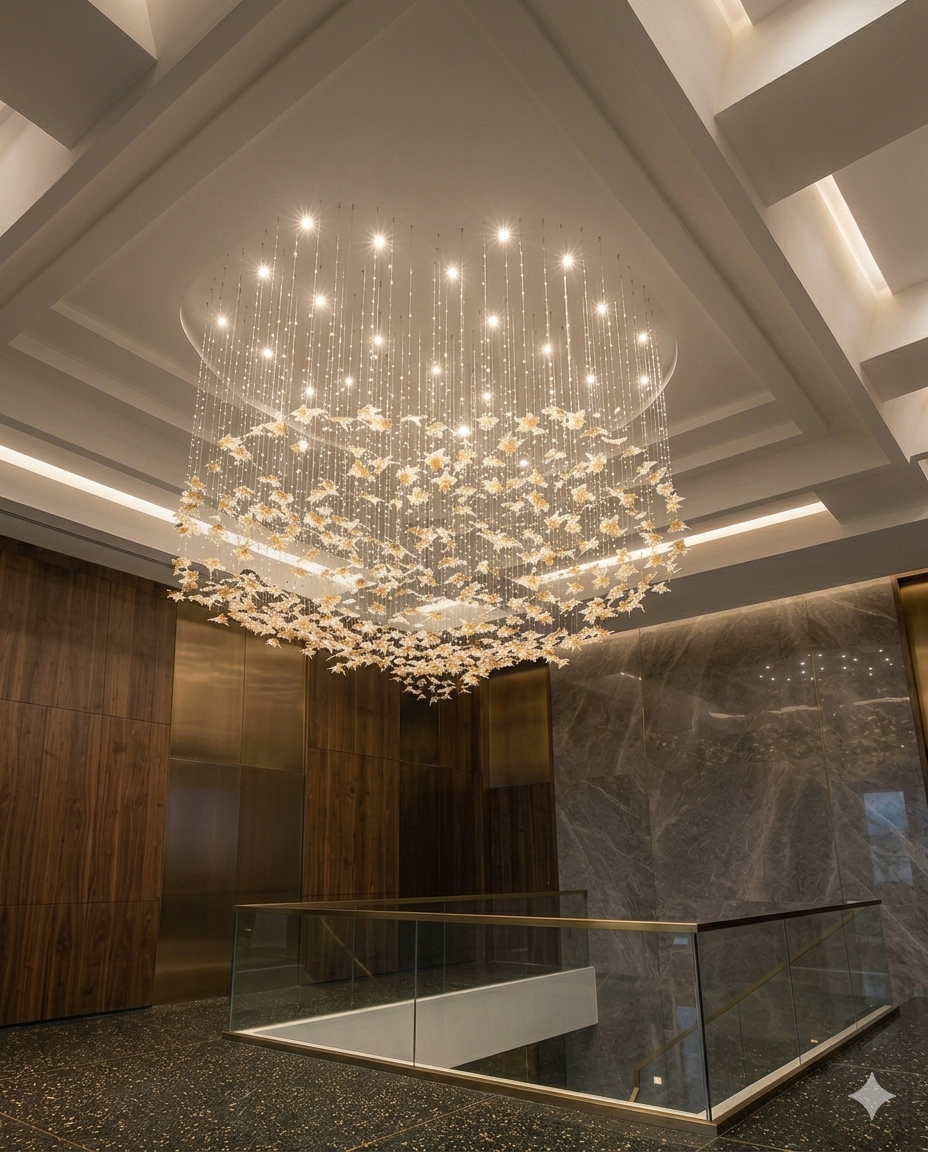 Custom Glass Leaf Chandelier, Heart-Shaped | Modern Luxury Pendant Light (1M & 2M Sizes)
