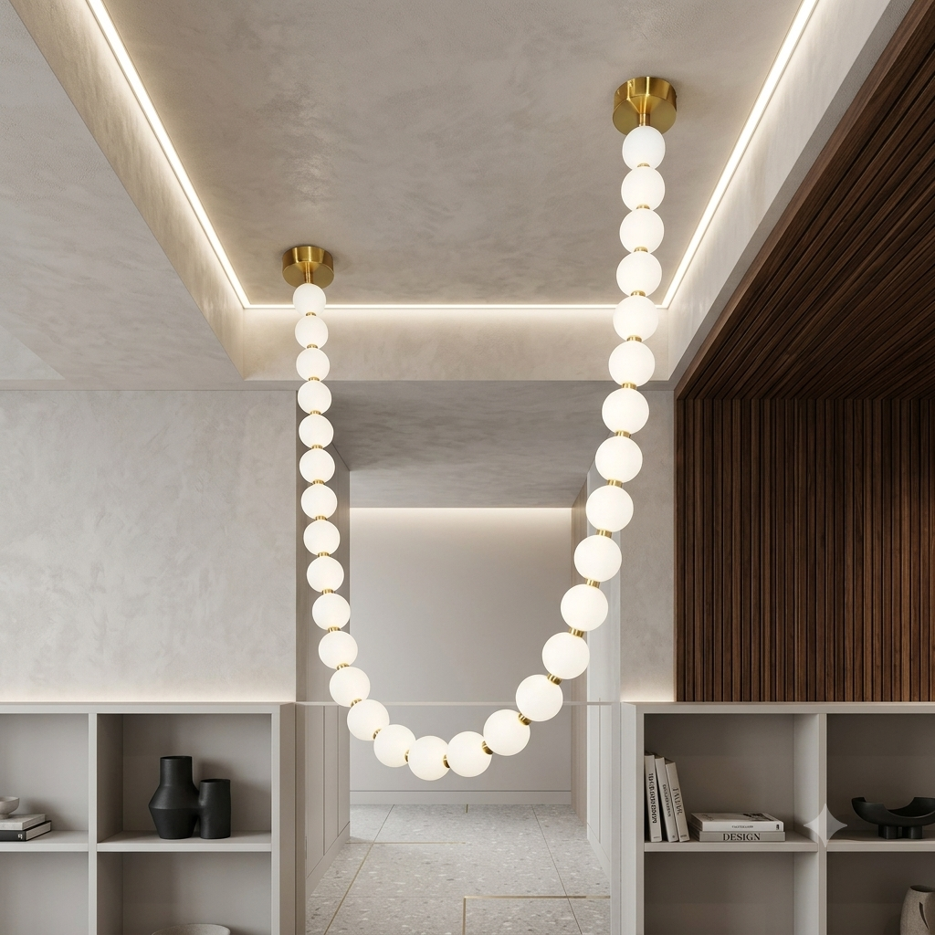 Luxury U-Shaped Necklace Chandelier with Frosted Glass Spheres | Modern LED Brass Pendant Light | 1M, 2M & 3M