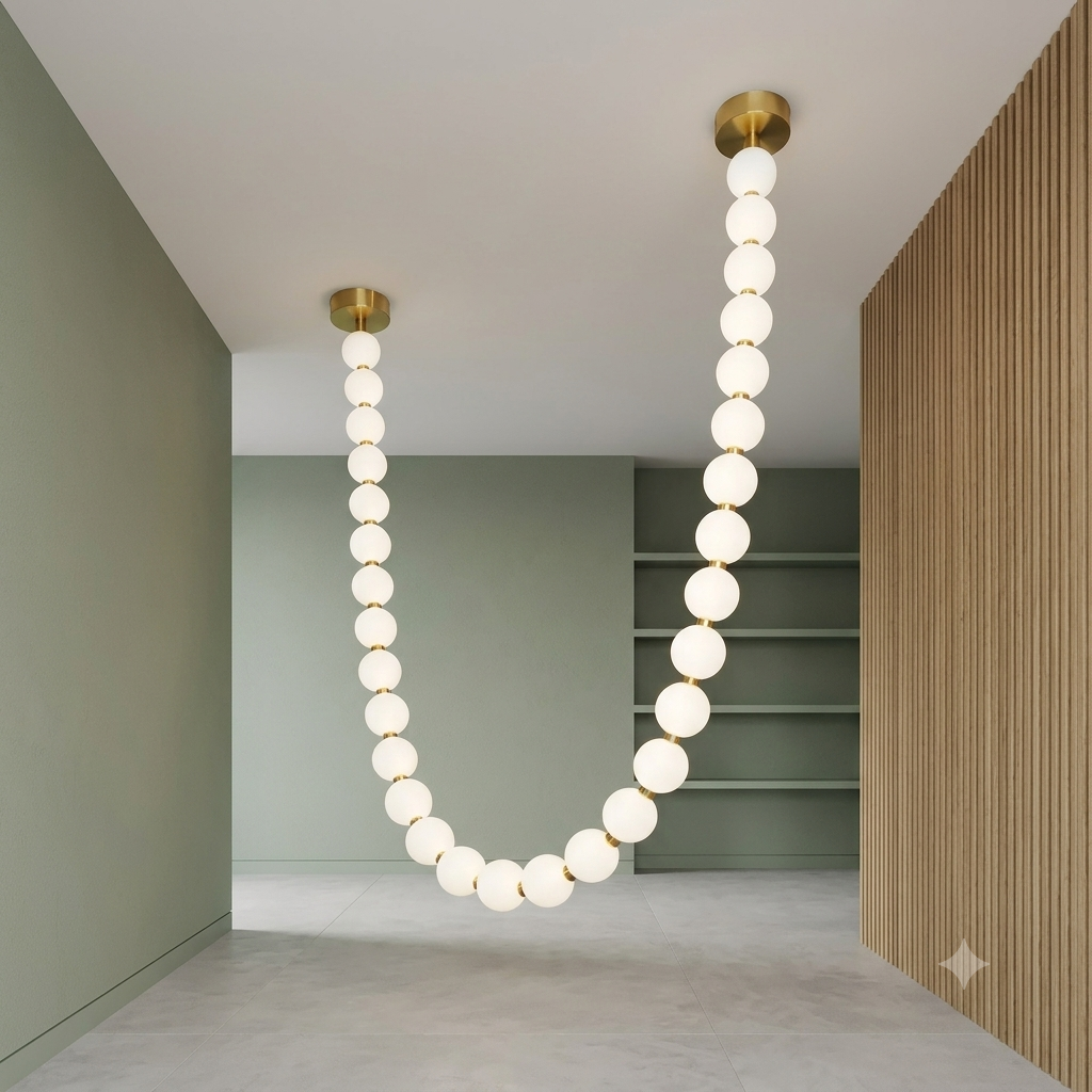 Luxury U-Shaped Necklace Chandelier with Frosted Glass Spheres | Modern LED Brass Pendant Light | 1M, 2M & 3M