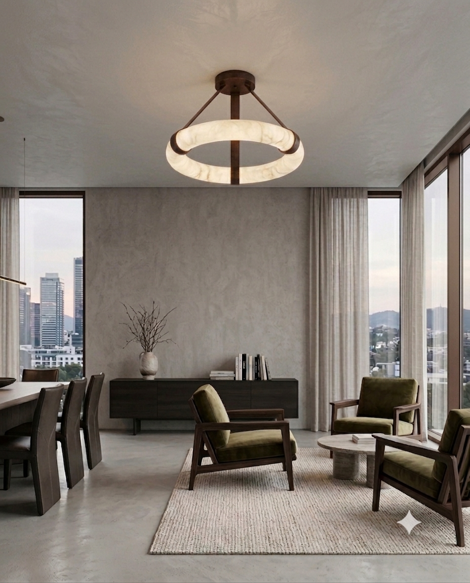 Luxury Marble Ring Chandelier with Leather Straps – Modern LED Round Pendant Light for Living Room & Dining Room