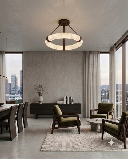 Luxury Marble Ring Chandelier with Leather Straps – Modern LED Round Pendant Light for Living Room & Dining Room