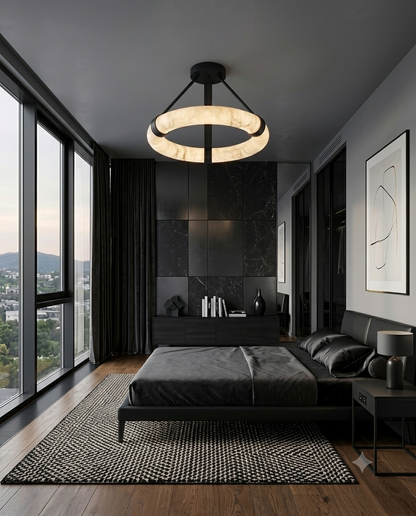 Luxury Marble Ring Chandelier with Leather Straps – Modern LED Round Pendant Light for Living Room & Dining Room