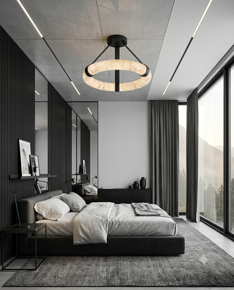 Luxury Marble Ring Chandelier with Leather Straps – Modern LED Round Pendant Light for Living Room & Dining Room