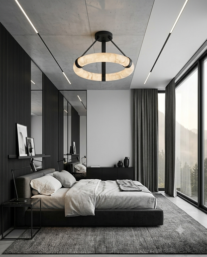 Luxury Marble Ring Chandelier with Leather Straps – Modern LED Round Pendant Light for Living Room & Dining Room
