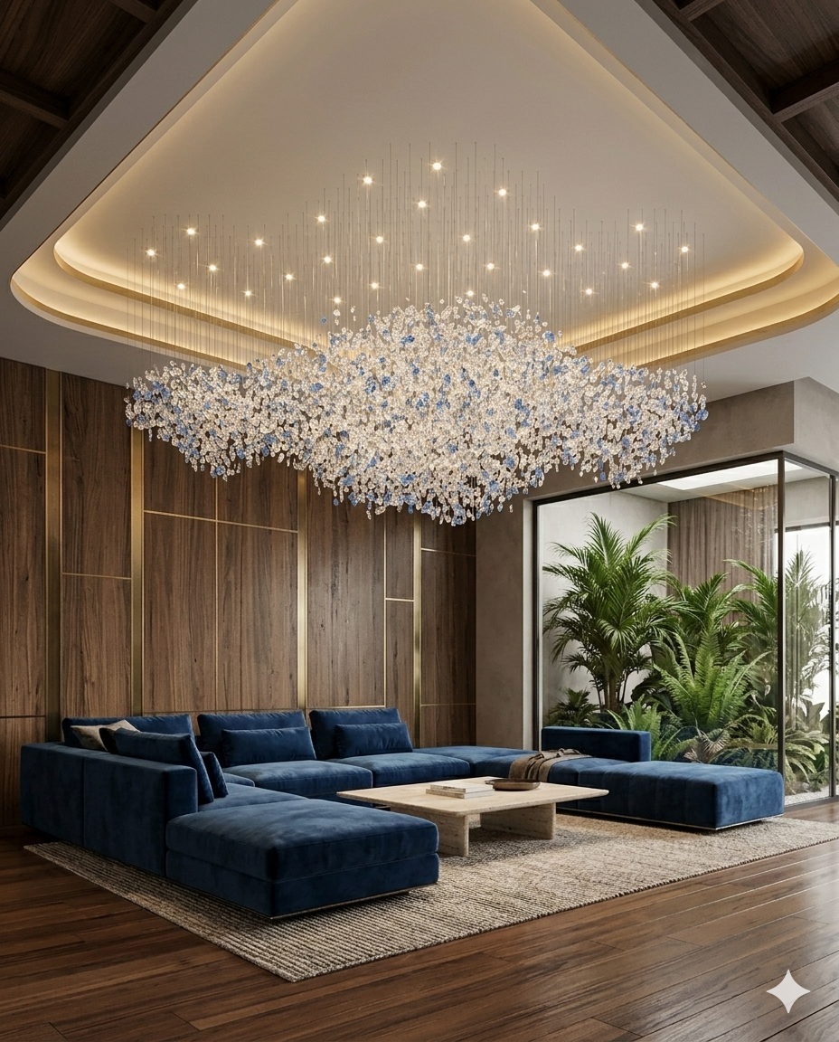 Custom 2M Modern Blue and White Stone Chandelier – Luxury Floating Cloud Design Light