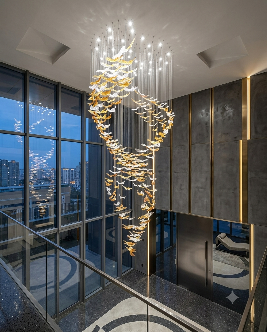 Glass Leaf Spiral Chandelier for Luxury Foyers and Grand Stairwells (3M)