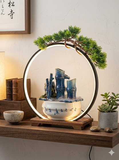 LED Ring Ceramic Bamboo Tabletop Water Fountain – Modern Indoor Decorative Water Feature with Warm Light