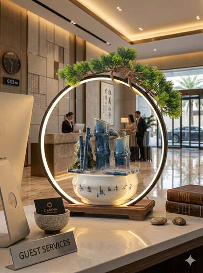 LED Ring Ceramic Bamboo Tabletop Water Fountain – Modern Indoor Decorative Water Feature with Warm Light