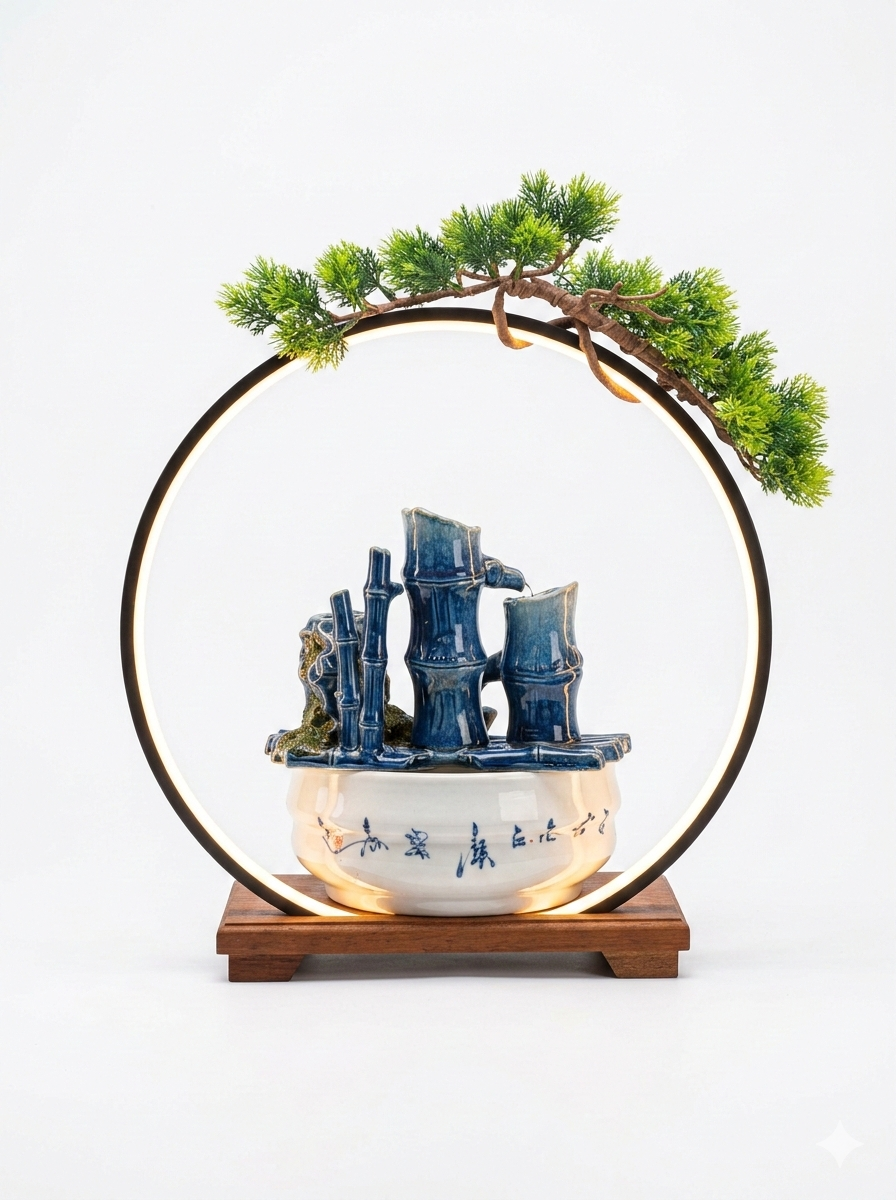 LED Ring Ceramic Bamboo Tabletop Water Fountain – Modern Indoor Decorative Water Feature with Warm Light