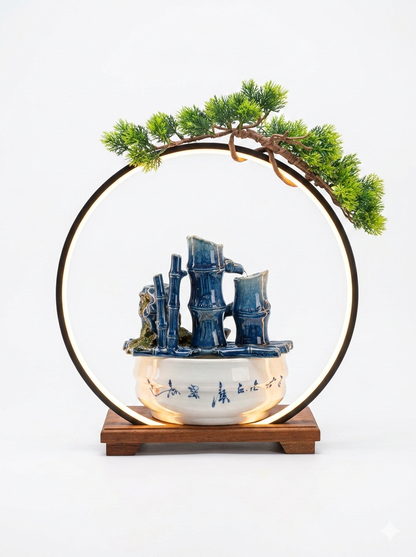 LED Ring Ceramic Bamboo Tabletop Water Fountain – Modern Indoor Decorative Water Feature with Warm Light