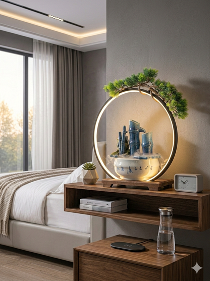 LED Ring Ceramic Bamboo Tabletop Water Fountain – Modern Indoor Decorative Water Feature with Warm Light