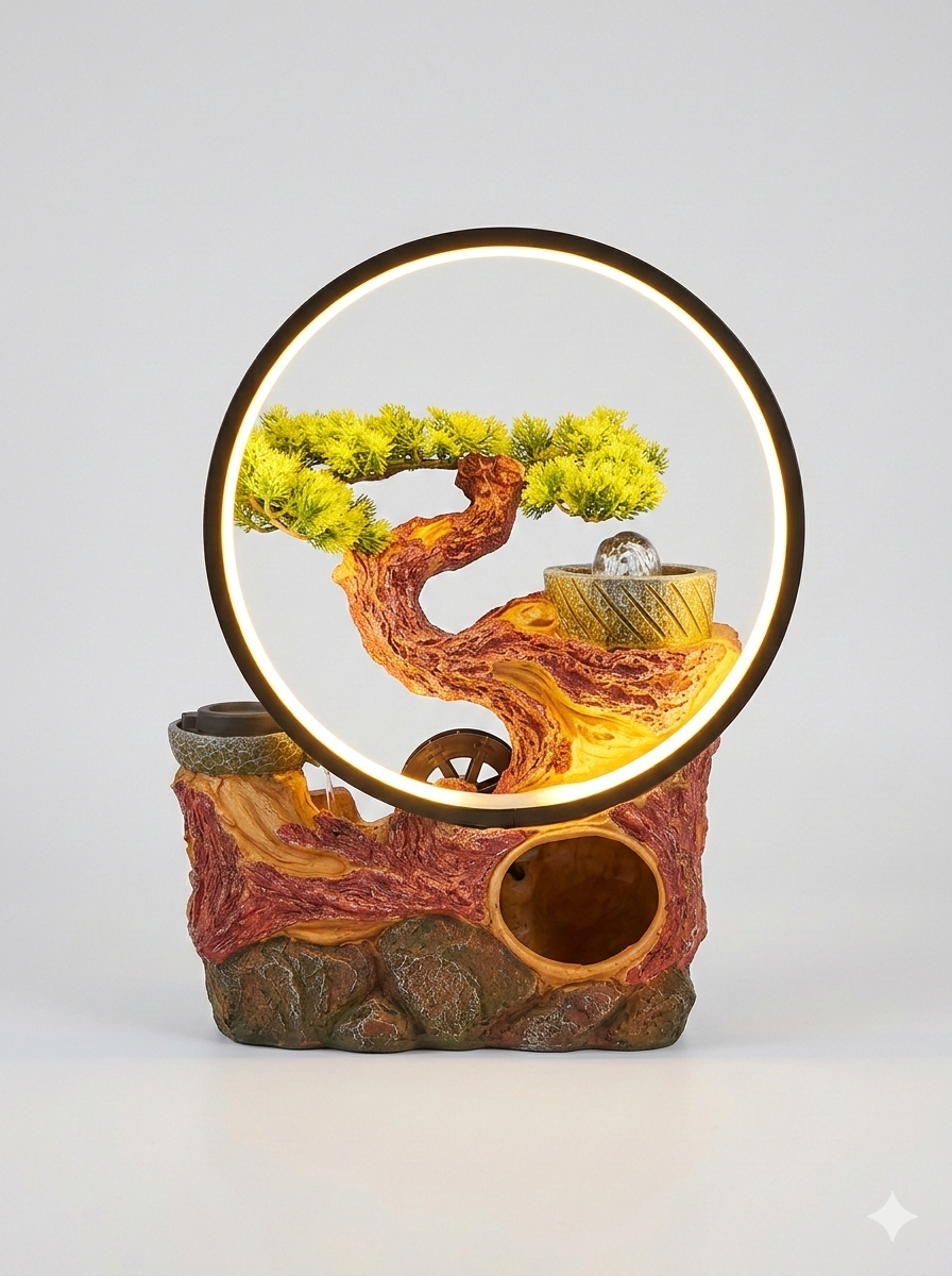 LED Ring Bonsai Tabletop Water Fountain with Warm Light – Decorative Indoor Resin Water Feature for Living Room, Bedroom & Office