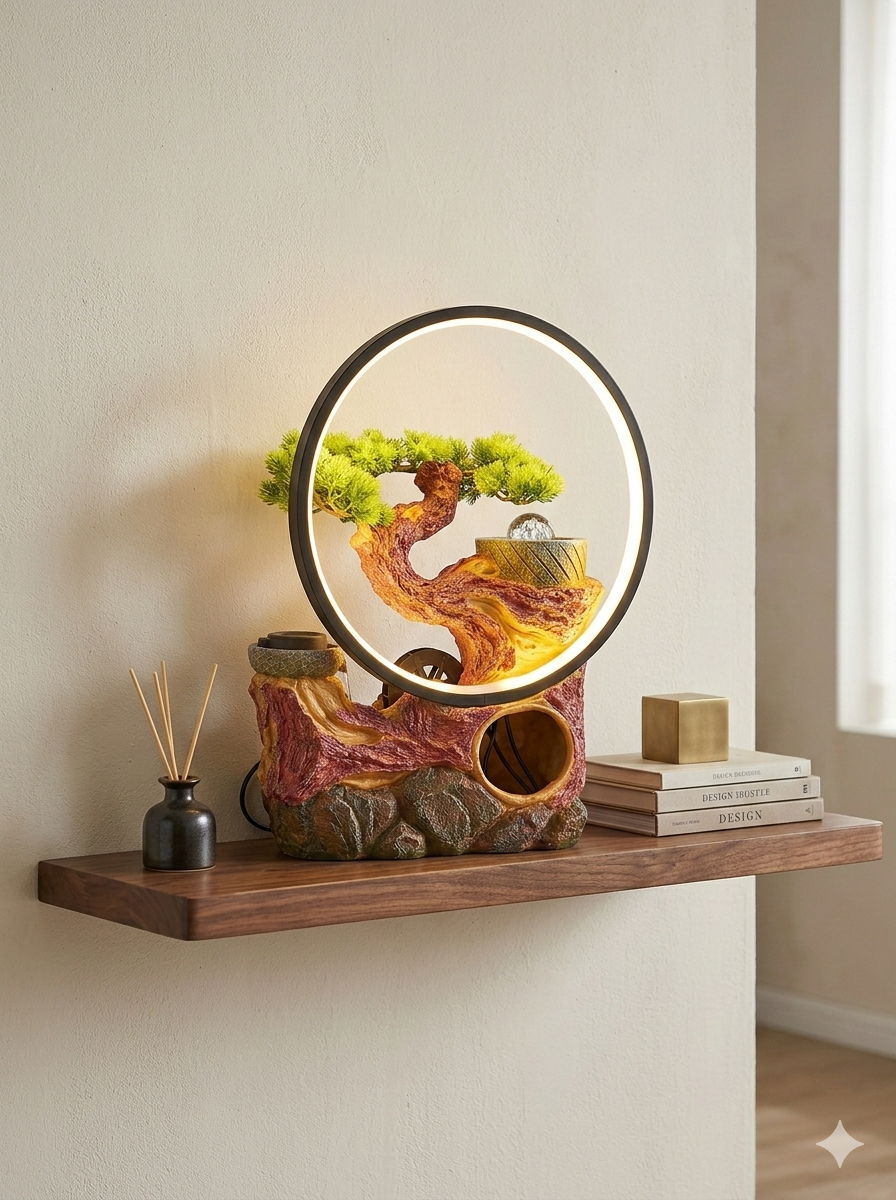 LED Ring Bonsai Tabletop Water Fountain with Warm Light – Decorative Indoor Resin Water Feature for Living Room, Bedroom & Office