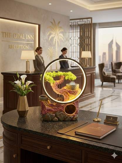 LED Ring Bonsai Tabletop Water Fountain with Warm Light – Decorative Indoor Resin Water Feature for Living Room, Bedroom & Office