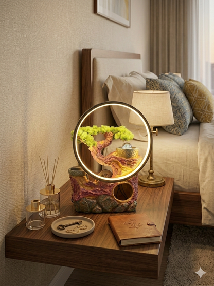 LED Ring Bonsai Tabletop Water Fountain with Warm Light – Decorative Indoor Resin Water Feature for Living Room, Bedroom & Office