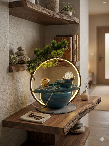 Modern LED Ring Ceramic Tabletop Water Fountain – Decorative Indoor Water Feature with Ambient Light