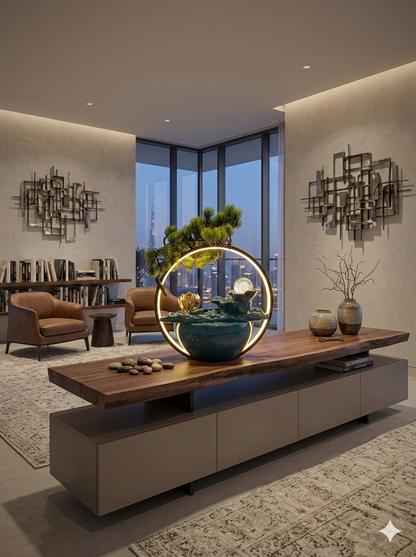 Modern LED Ring Ceramic Tabletop Water Fountain – Decorative Indoor Water Feature with Ambient Light