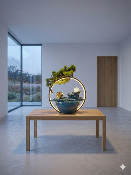 Modern LED Ring Ceramic Tabletop Water Fountain – Decorative Indoor Water Feature with Ambient Light