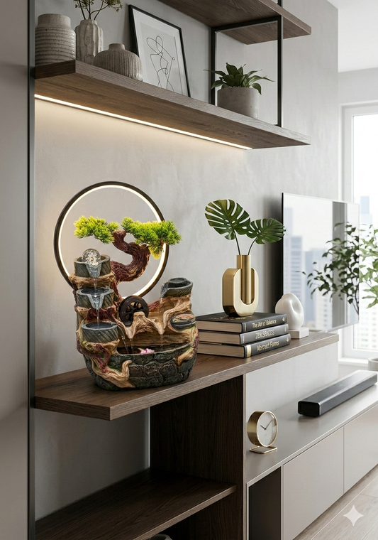 Zen Garden Indoor Tabletop Water Fountain with LED Ring Light & Faux Bonsai – 4-Tier Cascading Desktop Waterfall for Office, Home Decor, & Stress Relief