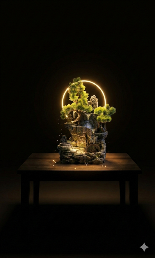 Zen Tabletop Water Fountain with LED Ring Light & Artificial Bonsai – Modern Rockery Waterfall for Home & Office Decor