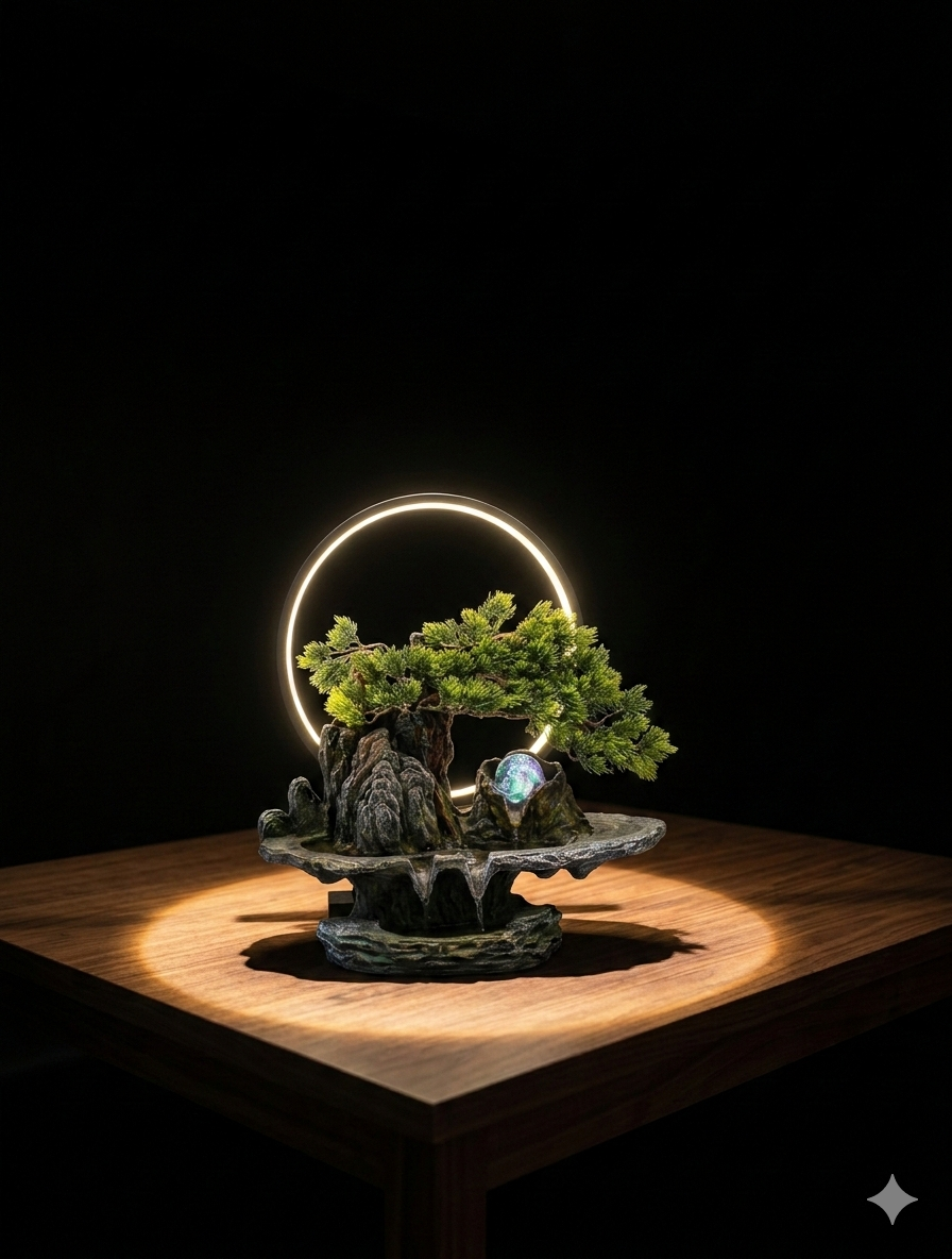 Modern Zen Bonsai Water Fountain - Indoor Rockery Waterfall with LED Ring Light & Crystal Ball