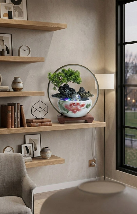 Glowing Zen Garden Waterfall - Tabletop Bonsai Fountain with Crystal Ball & LED Ring
