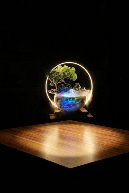 Glowing Zen Garden Waterfall - Tabletop Bonsai Fountain with Crystal Ball & LED Ring