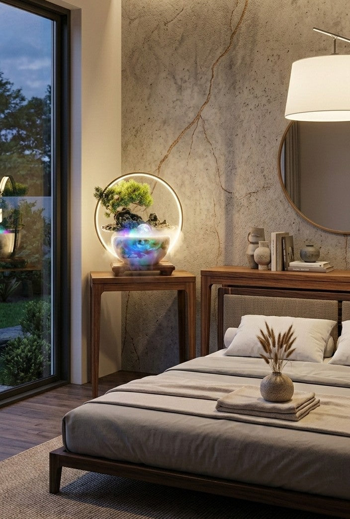Glowing Zen Garden Waterfall - Tabletop Bonsai Fountain with Crystal Ball & LED Ring
