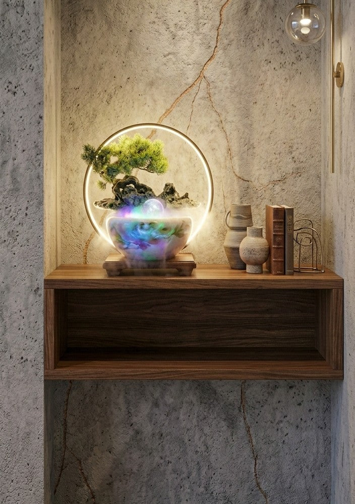 Glowing Zen Garden Waterfall - Tabletop Bonsai Fountain with Crystal Ball & LED Ring