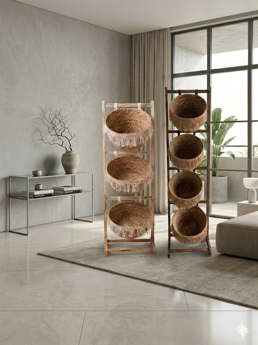 Natural Woven Storage Basket Stand – 3 Tier / 4 Tier Wooden Frame Decorative Organizer Shelf