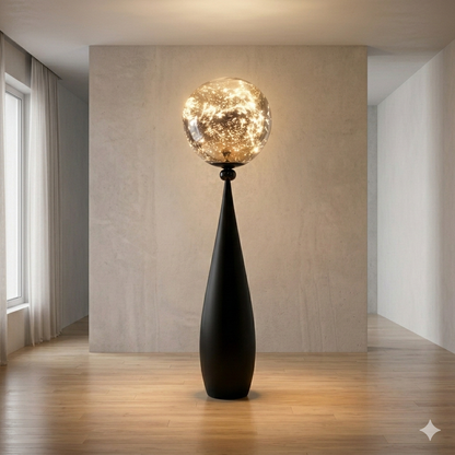 Modern Black Sculptural Floor Lamp with Artistic Glass Globe – Luxury Statement Lighting for Living Room