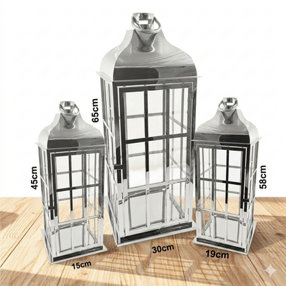 Set of 3 Decorative Silver Lanterns with Glass Panels – Modern Indoor & Outdoor Candle Holder Set