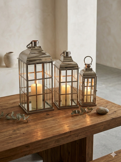 Set of 3 Decorative Silver Lanterns with Glass Panels – Modern Indoor & Outdoor Candle Holder Set
