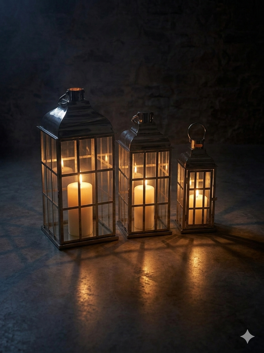 Set of 3 Decorative Silver Lanterns with Glass Panels – Modern Indoor & Outdoor Candle Holder Set