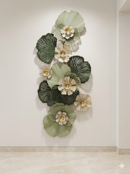 Luxury Green Floral Metal Wall Art – Modern Botanical Wall Decoration for Living Room