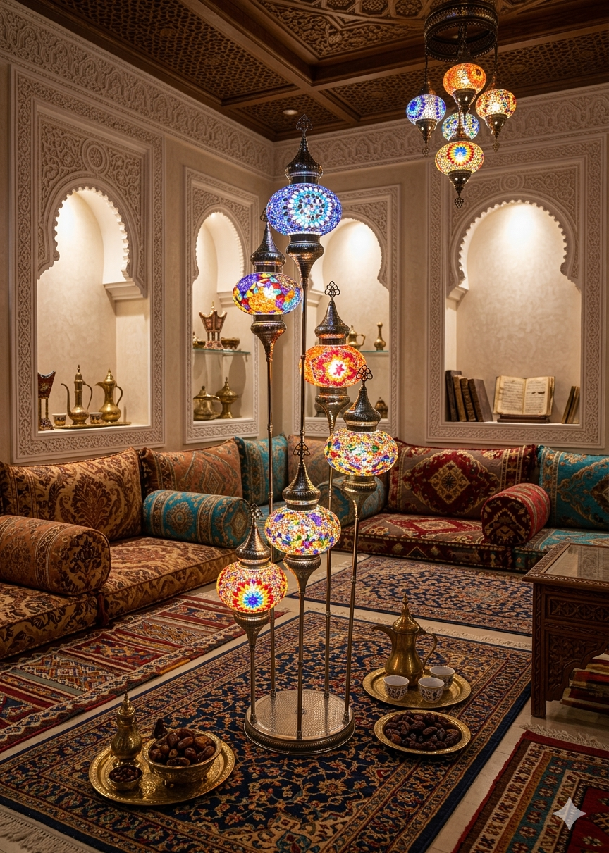 Luxury Turkish Mosaic Floor Lamp – Handmade Multi-Globe Brass Standing Lamp