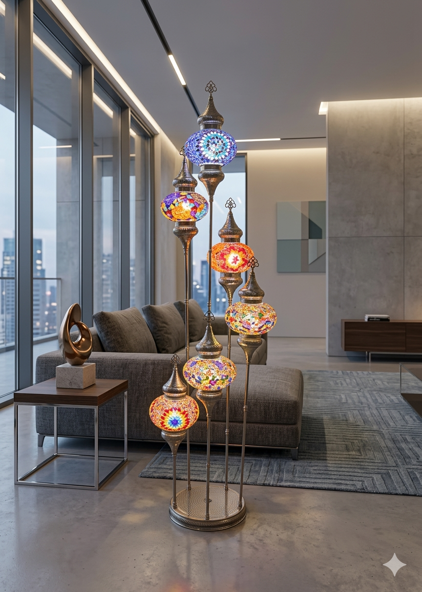 Luxury Turkish Mosaic Floor Lamp – Handmade Multi-Globe Brass Standing Lamp