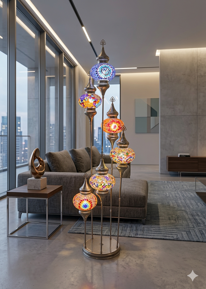 Luxury Turkish Mosaic Floor Lamp – Handmade Multi-Globe Brass Standing Lamp