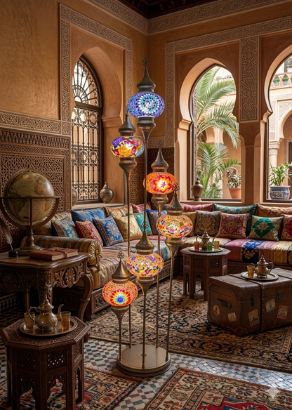 Luxury Turkish Mosaic Floor Lamp – Handmade Multi-Globe Brass Standing Lamp