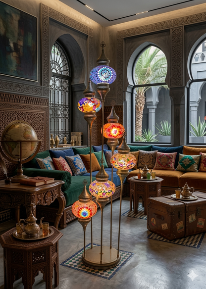 Luxury Turkish Mosaic Floor Lamp – Handmade Multi-Globe Brass Standing Lamp