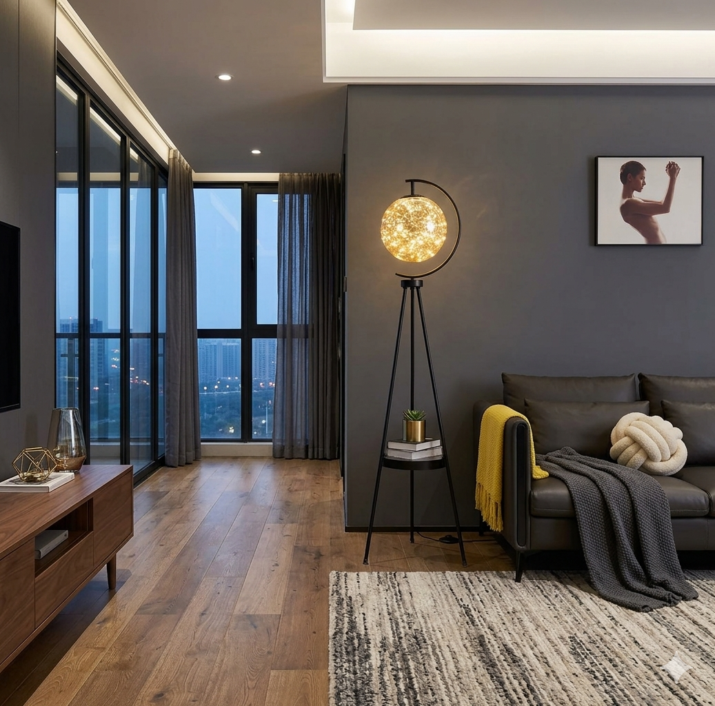 Luxury Tripod Globe Floor Lamp with Shelf – Modern Gold Standing Lamp Gold/Black