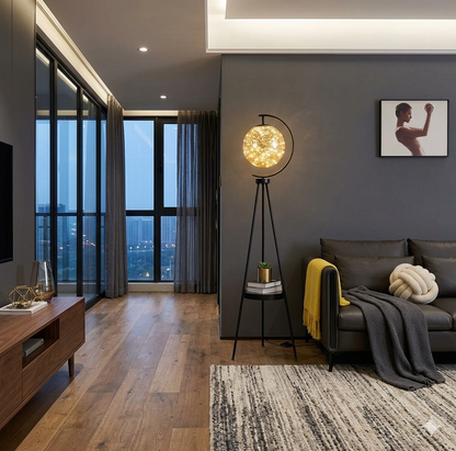 Luxury Tripod Globe Floor Lamp with Shelf – Modern Gold Standing Lamp Gold/Black