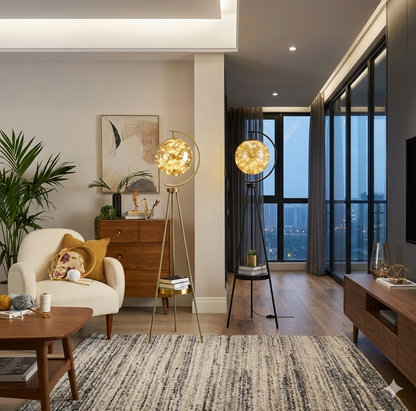 Luxury Tripod Globe Floor Lamp with Shelf – Modern Gold Standing Lamp Gold/Black