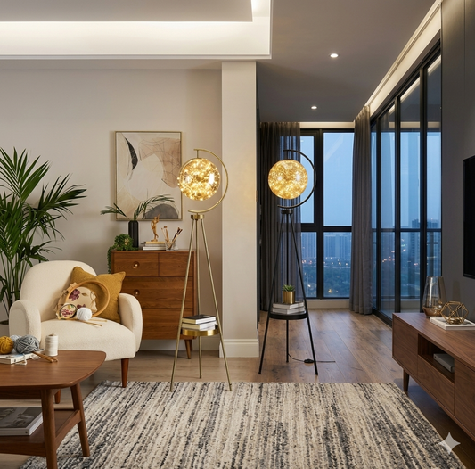 Luxury Tripod Globe Floor Lamp with Shelf – Modern Gold Standing Lamp Gold/Black