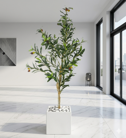 Artificial Faux Olive Tree in Square White Marble Planter