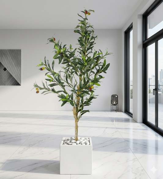Artificial Faux Olive Tree in Square White Marble Planter