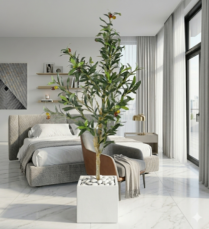 Artificial Faux Olive Tree in Square White Marble Planter