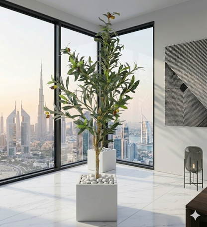 Artificial Faux Olive Tree in Square White Marble Planter