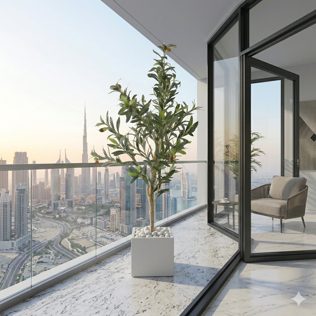 Artificial Faux Olive Tree in Square White Marble Planter