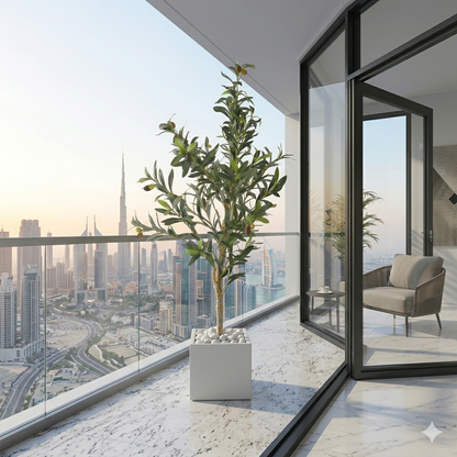 Artificial Faux Olive Tree in Square White Marble Planter